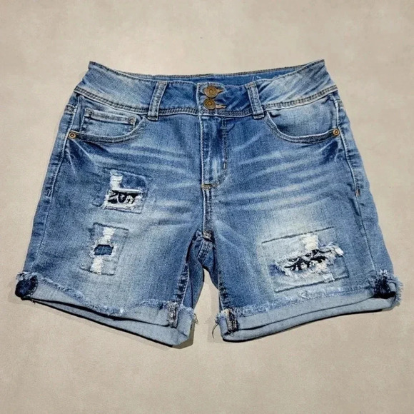 Mudd Denim Jean Shorts Youth Girls 14 Blue Cuffed Distressed Adjadtsble Waist - Picture 1 of 8